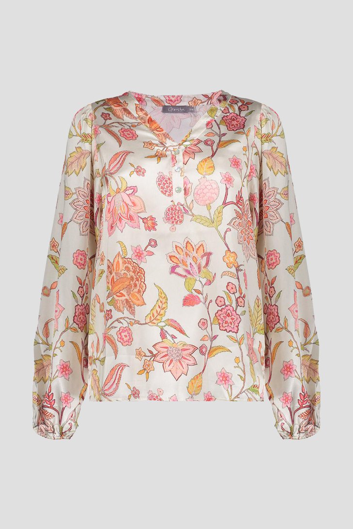Ecru glanzende blouse met roze bloemenprint  van Geisha voor Dames
