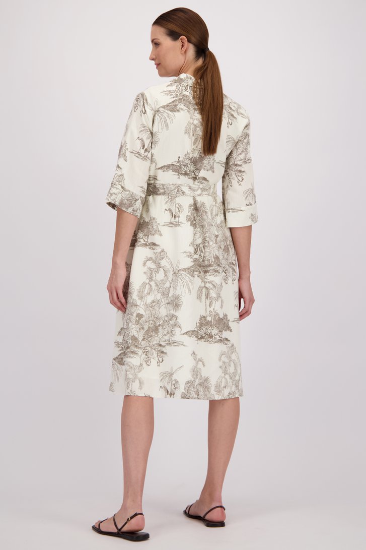 Ecru midi kleedje met kaki jungleprint van More & More voor Dames