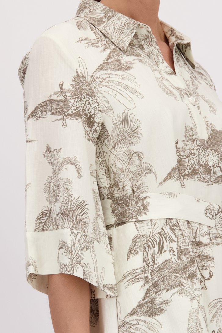 Ecru midi kleedje met kaki jungleprint van More & More voor Dames