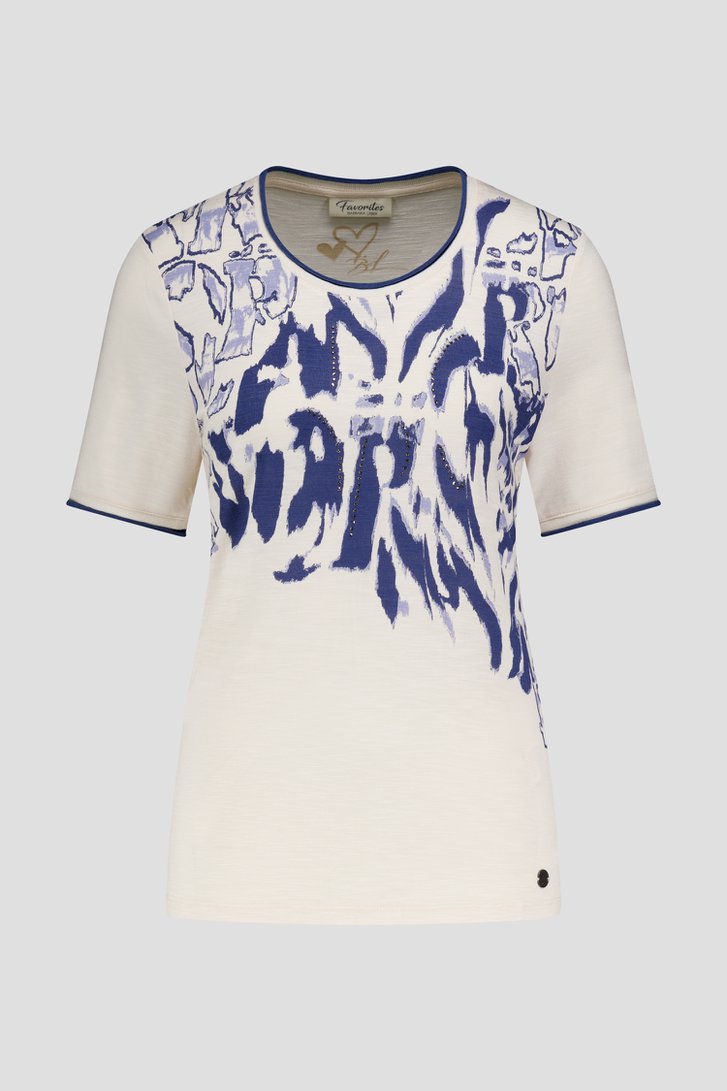 Ecru T-shirt met blauwe print en strass steentjes van Barbara Lebek voor Dames