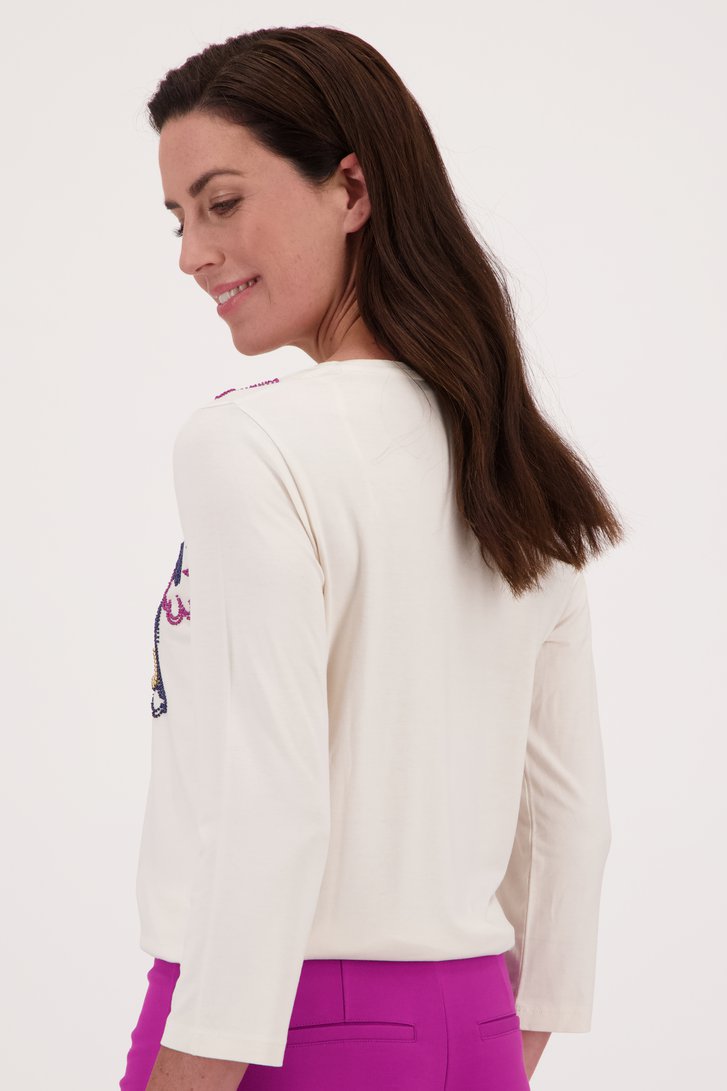 Ecru T-shirt met bloemenmotief in parels van Claude Arielle voor Dames