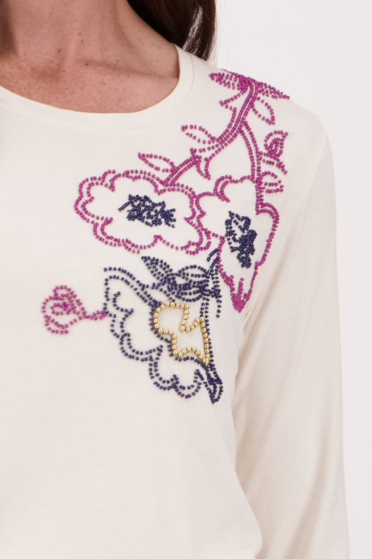 Ecru T-shirt met bloemenmotief in parels van Claude Arielle voor Dames