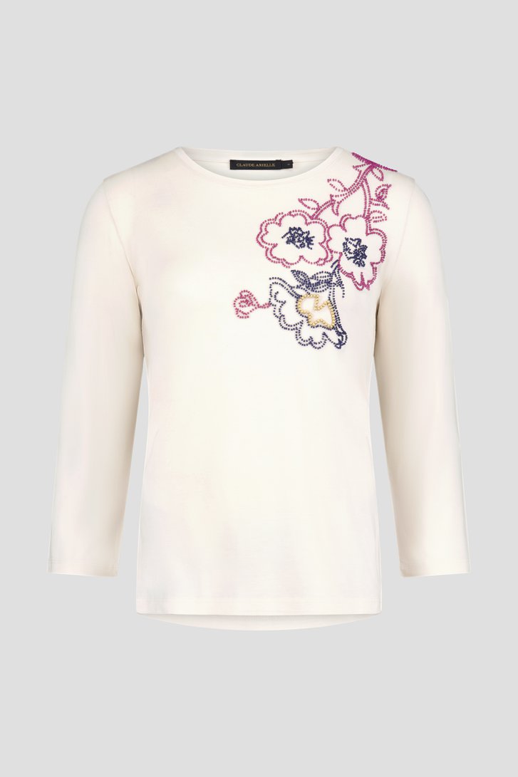 Ecru T-shirt met bloemenmotief in parels van Claude Arielle voor Dames