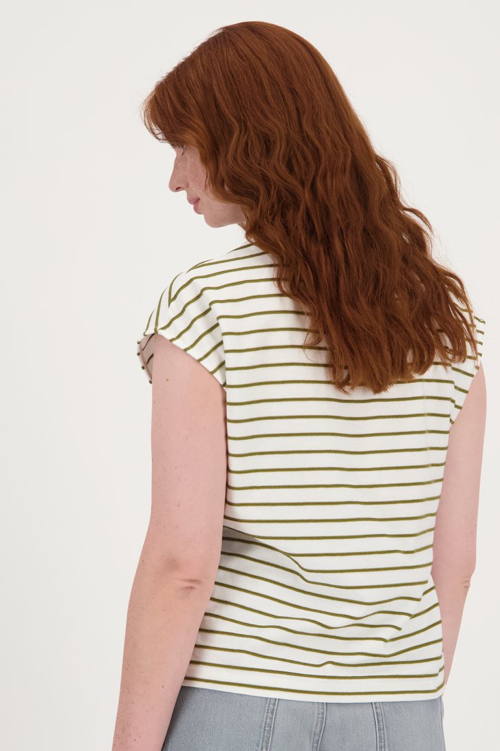 Ecru T-shirt met kaki gestreept patroon van Liberty Loving nature voor Dames