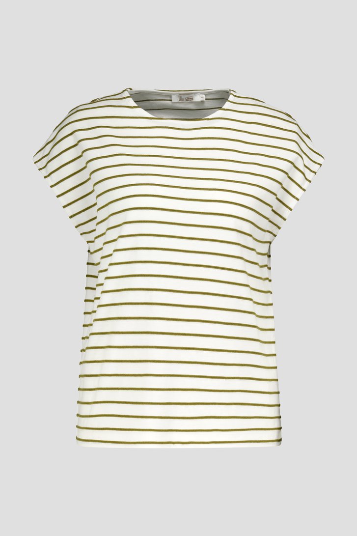 Ecru T-shirt met kaki gestreept patroon van Liberty Loving nature voor Dames