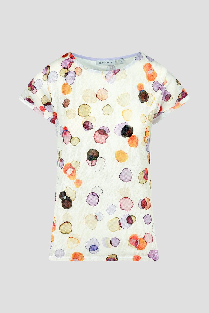 Ecru T-shirt met kleurrijke, gevlekte print van Bicalla voor Dames