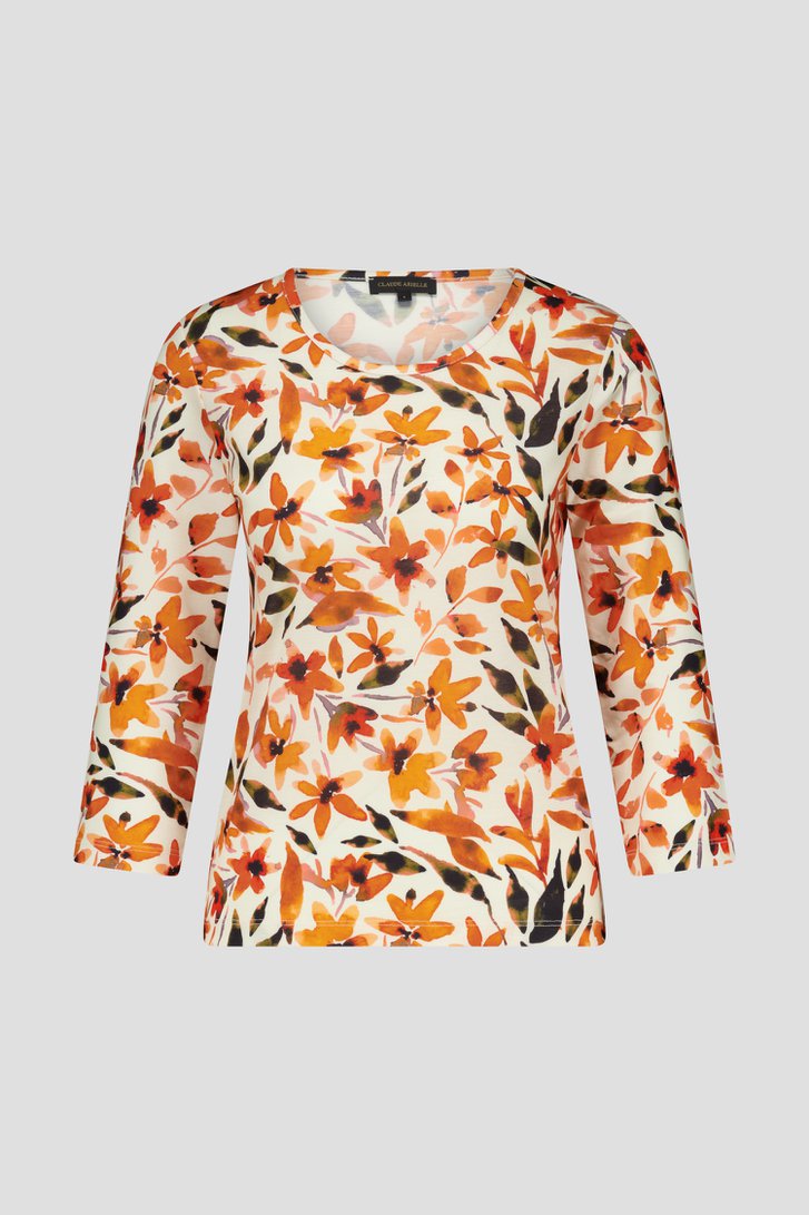Ecru T-shirt met oranje bloemenprint van Claude Arielle voor Dames