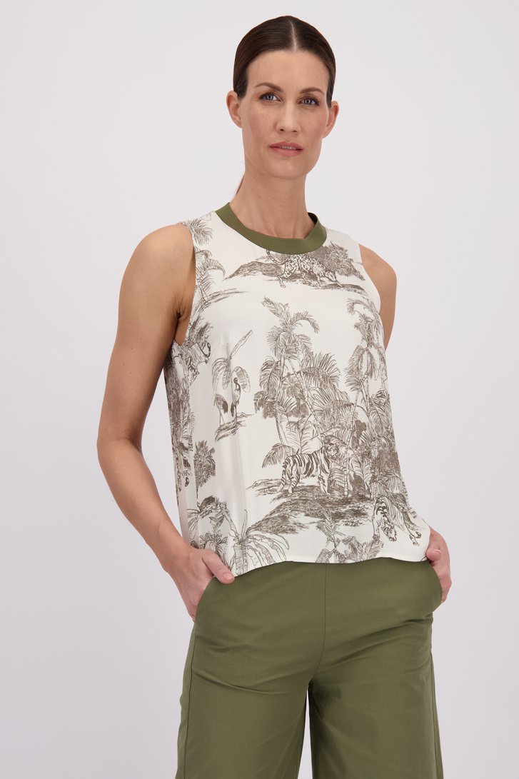 Ecru top met kaki jungleprint van More & More voor Dames