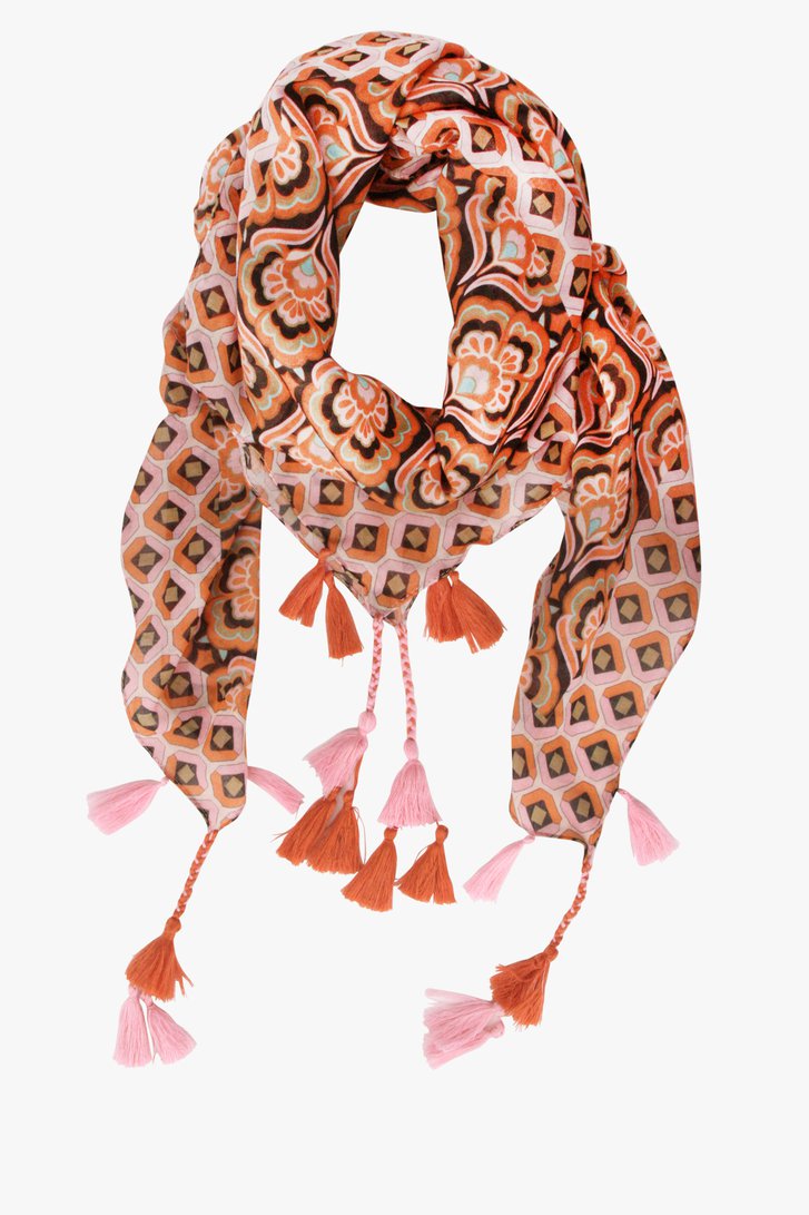 Fijn vierkant sjaaltje met oranje print van Liberty Island voor Dames
