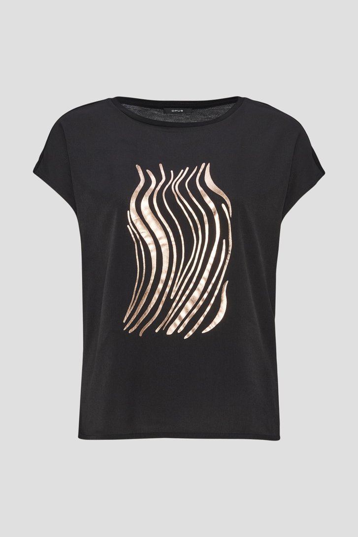 Fijn zwart T-shirt met gouden print van Opus voor Dames