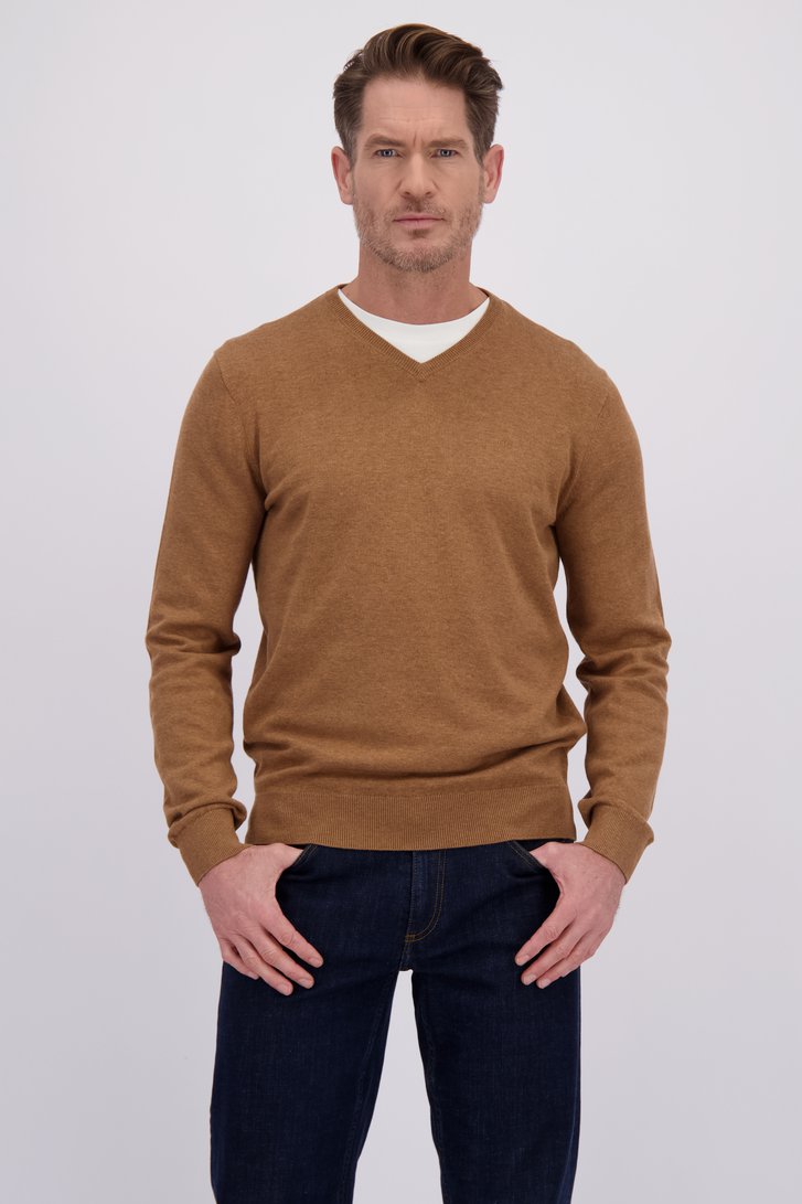 Le devant de Fin pull marron à col en V  de Dansaert Blue pour Hommes