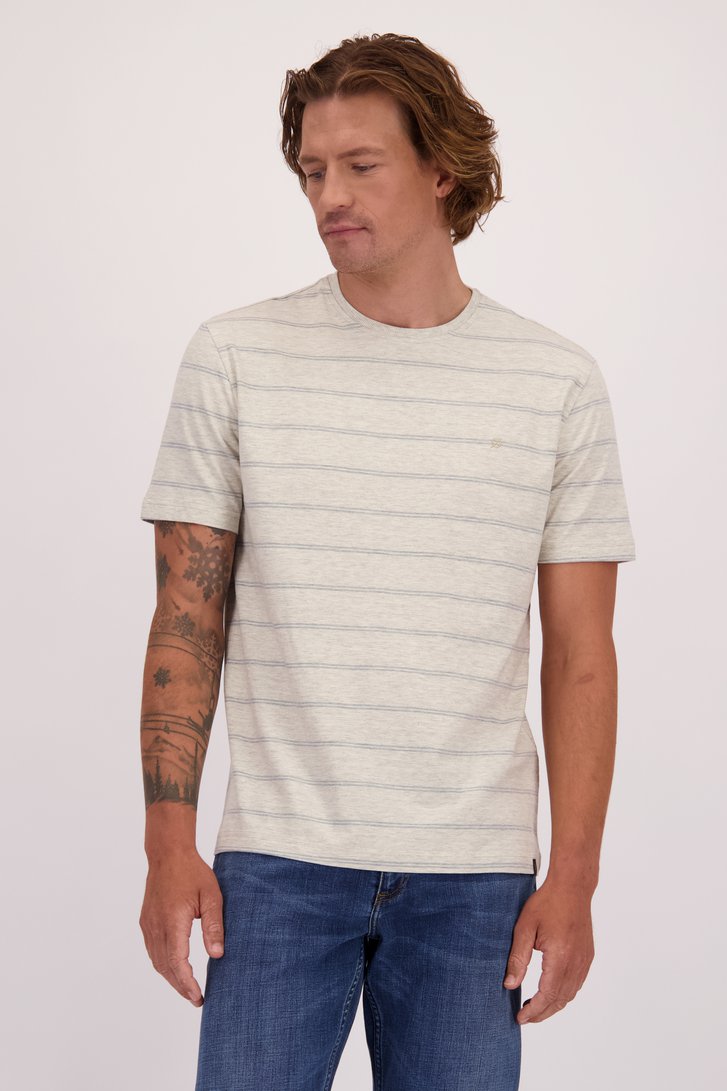 Voorkant van Grijs T-shirt met een blauw-wit gestreept motief door Ravøtt voor Heren