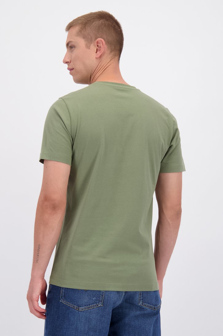 Achterkant van Grijsgroen katoenen T-shirt met V-hals door Liberty Island voor Heren