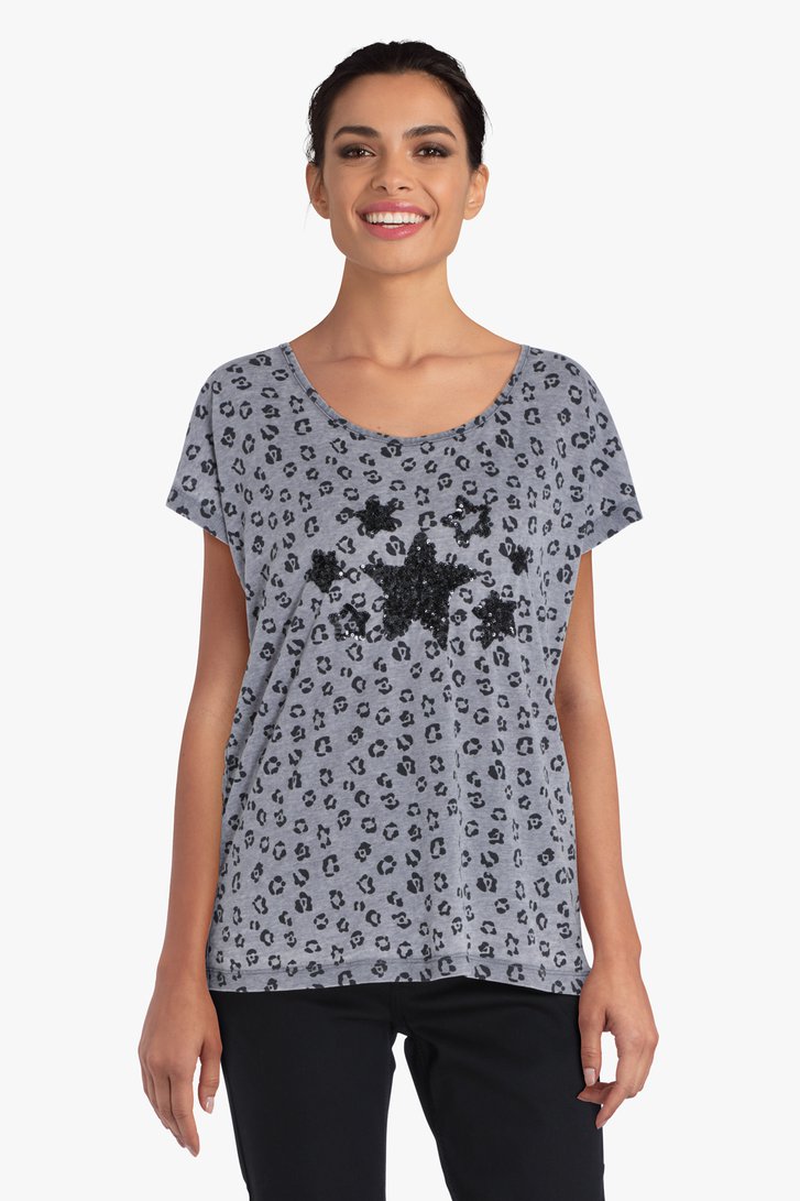Grijze T-shirt met panterprint en sterren
