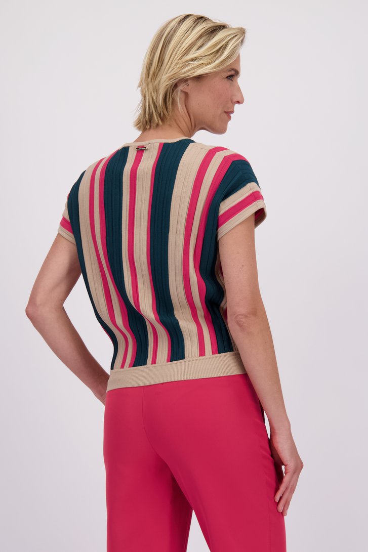 Achterkant van Groen-beige gestreepte trui korte mouw  door Claude Arielle voor Dames