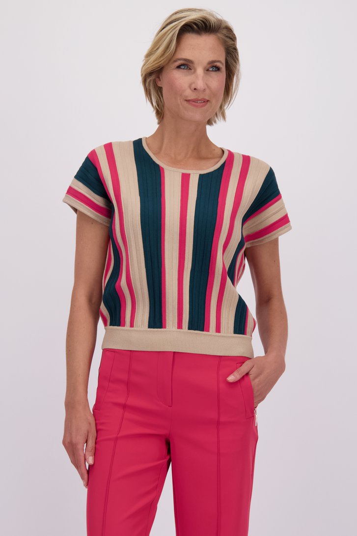 Voorkant van Groen-beige gestreepte trui korte mouw  door Claude Arielle voor Dames
