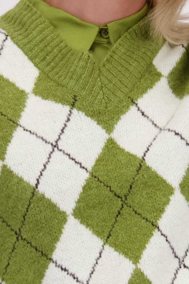 Detail van Groen geruite mouwloze trui  door More & More voor Dames