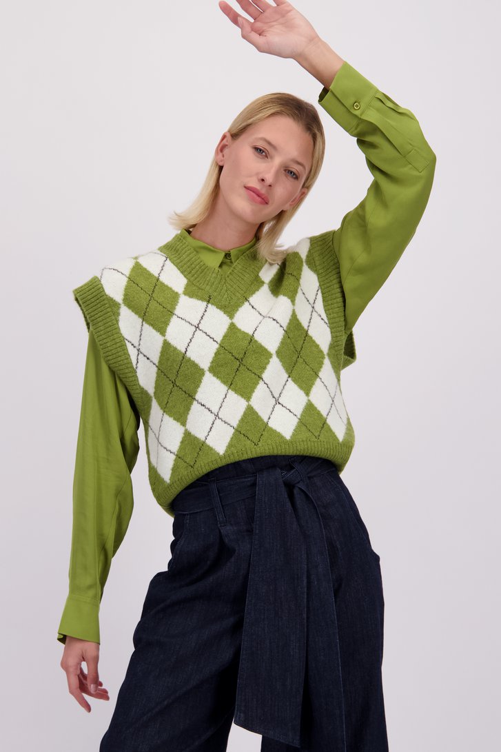 Voorkant van Groen geruite mouwloze trui  door More & More voor Dames