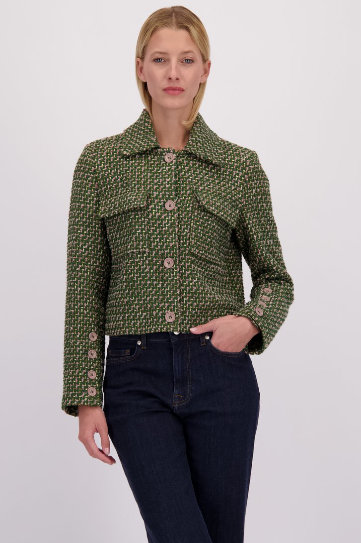 Voorkant van Groen-roze bouclé blazer door More & More voor Dames