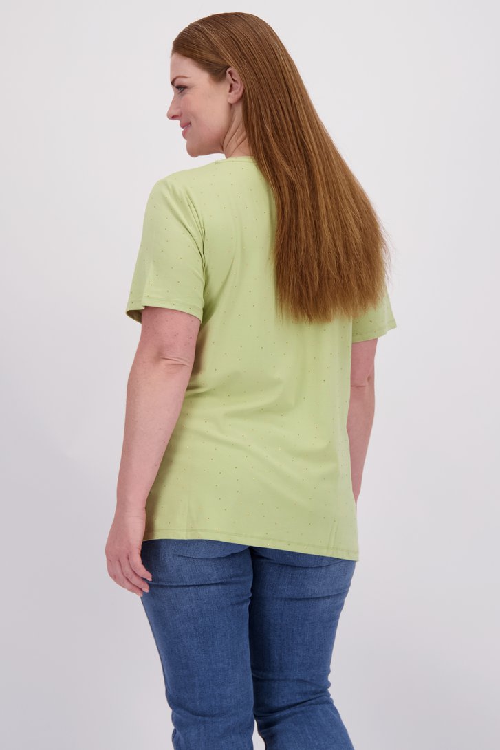 Achterkant van Groen T-shirt met V-hals en strass door Yest Curve voor Dames