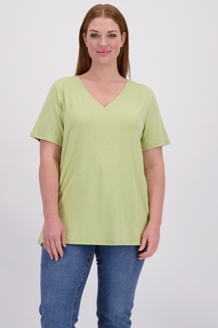 Voorkant van Groen T-shirt met V-hals en strass door Yest Curve voor Dames