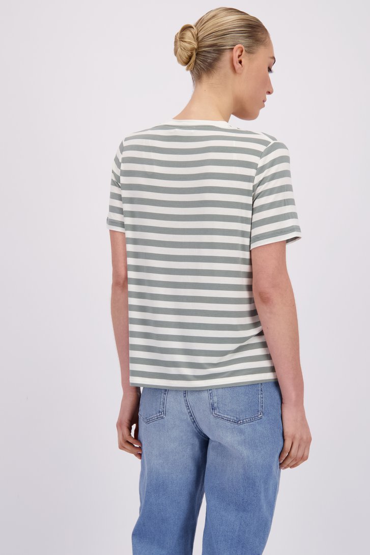 Achterkant van Groen-wit gestreepte T-shirt met V-hals door Liberty Island voor Dames