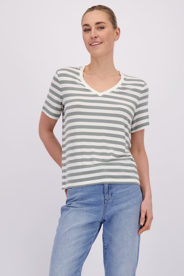 Voorkant van Groen-wit gestreepte T-shirt met V-hals door Liberty Island voor Dames