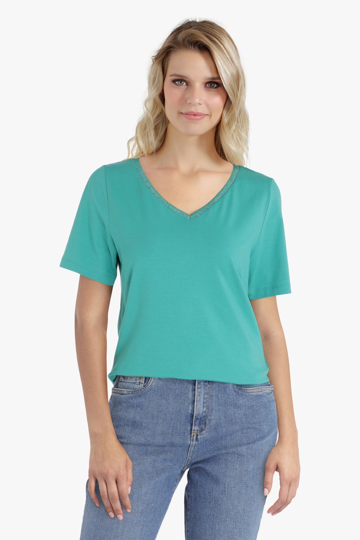 Groenblauw T-shirt met glitter V-hals