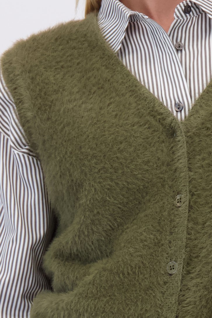 Detail van Groene fluffy mouwloze cardigan door Liberty Island voor Dames