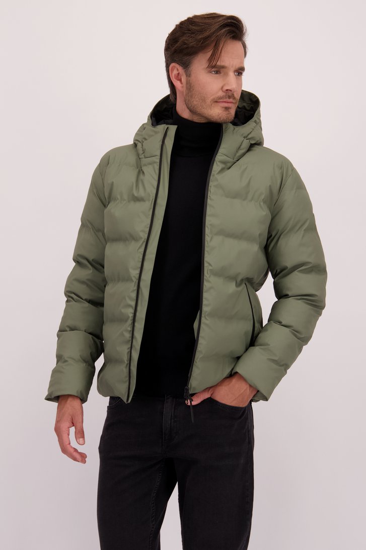 Le devant de Imperméable matelassé vert olive avec capuche de Tantä pour Hommes