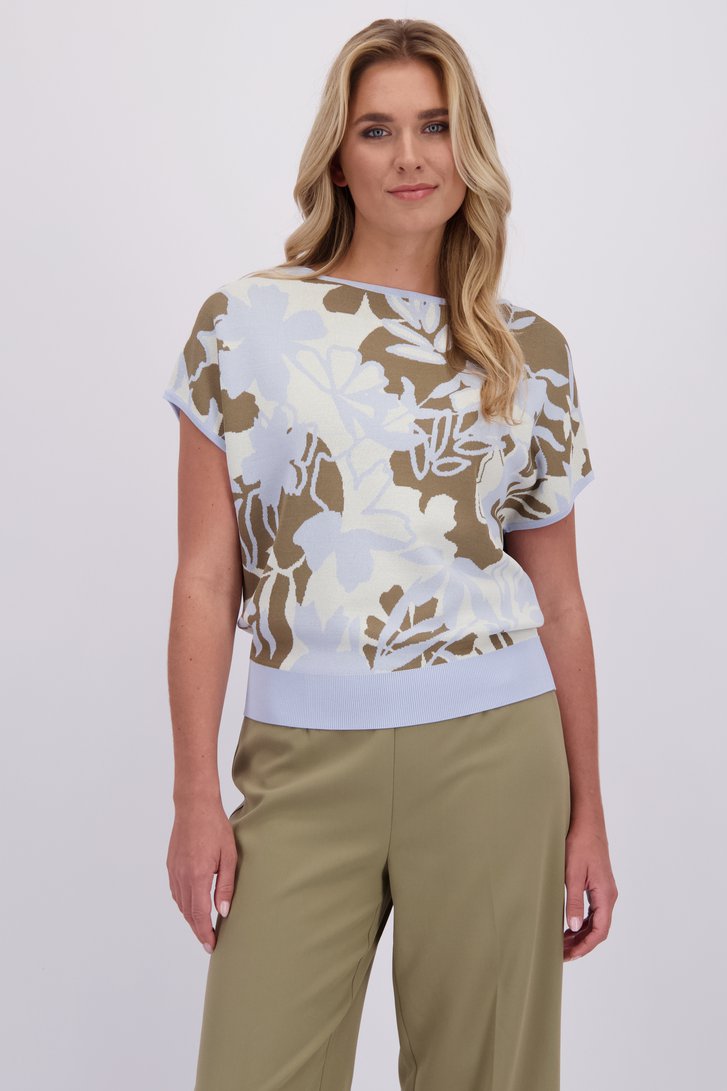 Voorkant van Jacquard trui met lichtblauw-kaki bloemenmotief door Libelle voor Dames
