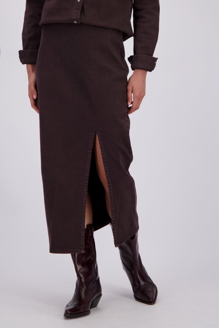 Le devant de Jupe longue en jean brune de Liberty Island Denim pour Femmes