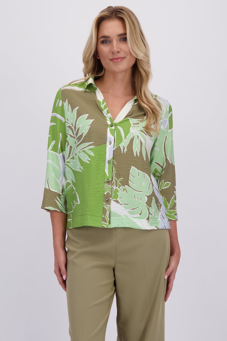 Voorkant van Kaki blouse met groene bladerprint door Libelle voor Dames
