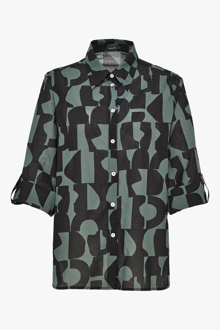 Kaki blouse met zwarte print