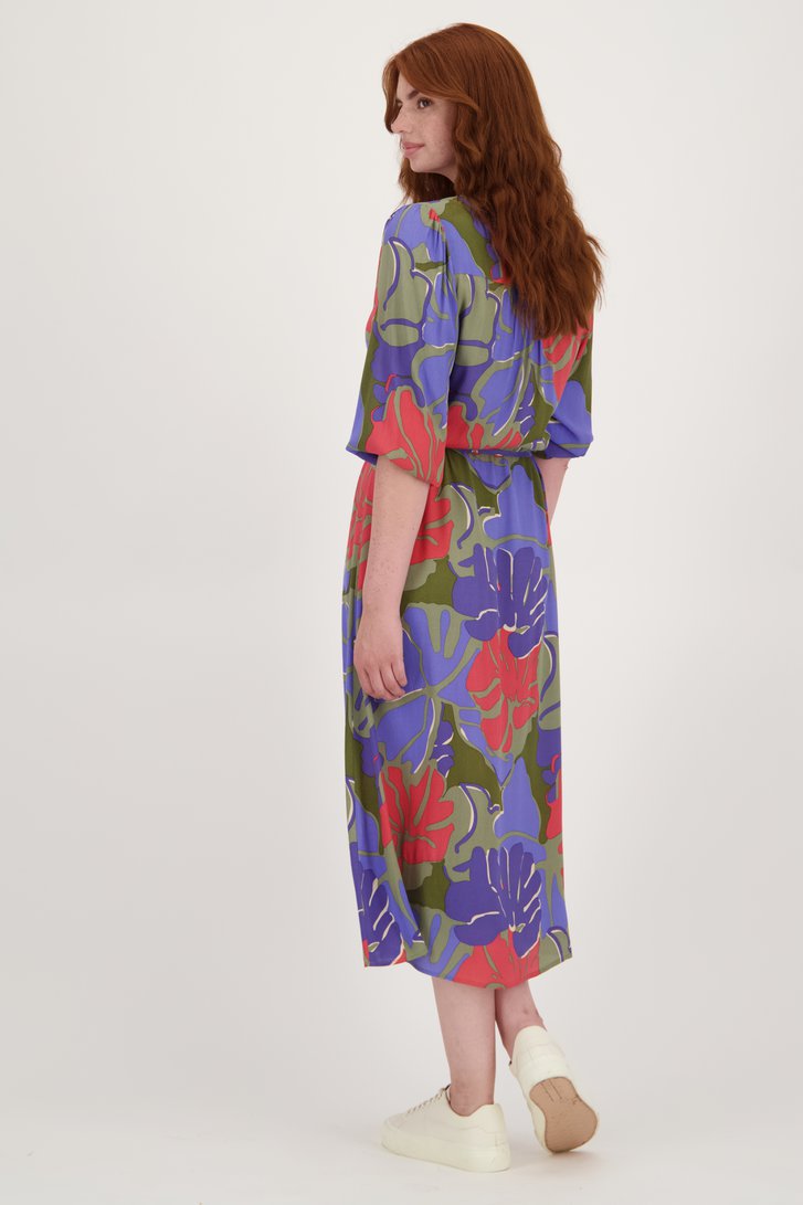 Detail van Kaki kleedje met kleurrijke bladerprint door Libelle voor Dames