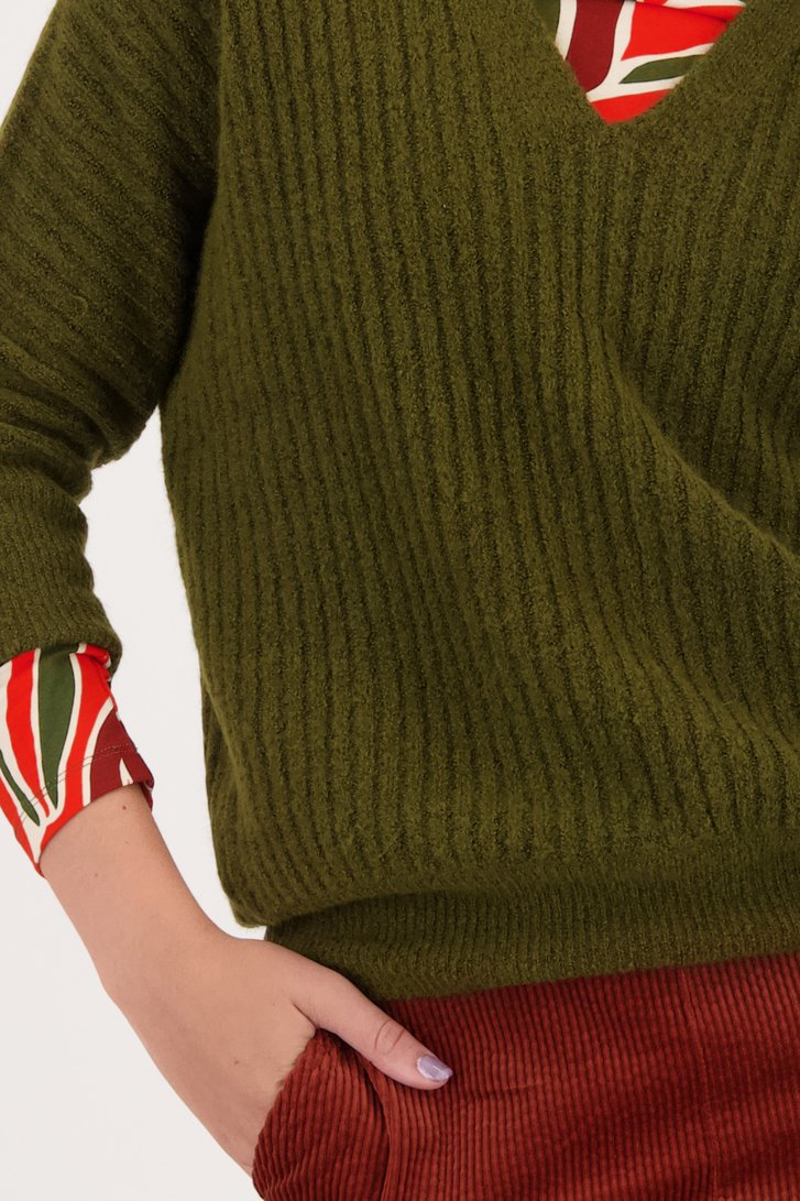 Kaki ribgebreide trui met 3/4 mouwen van Libelle voor Dames
