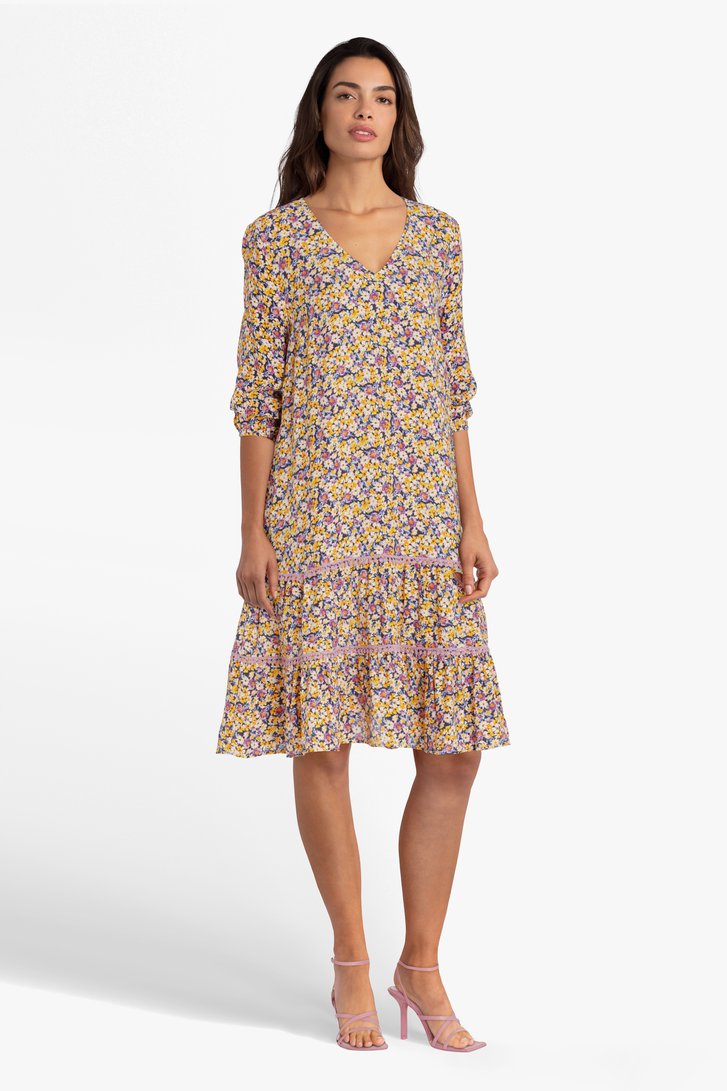Kleed met geel-paarse bloemenprint  van More & More voor Dames