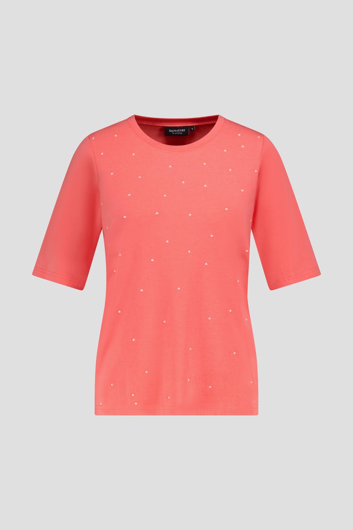 Koraalrood T-shirt met parelmoerachtige bolletjes van Signature voor Dames