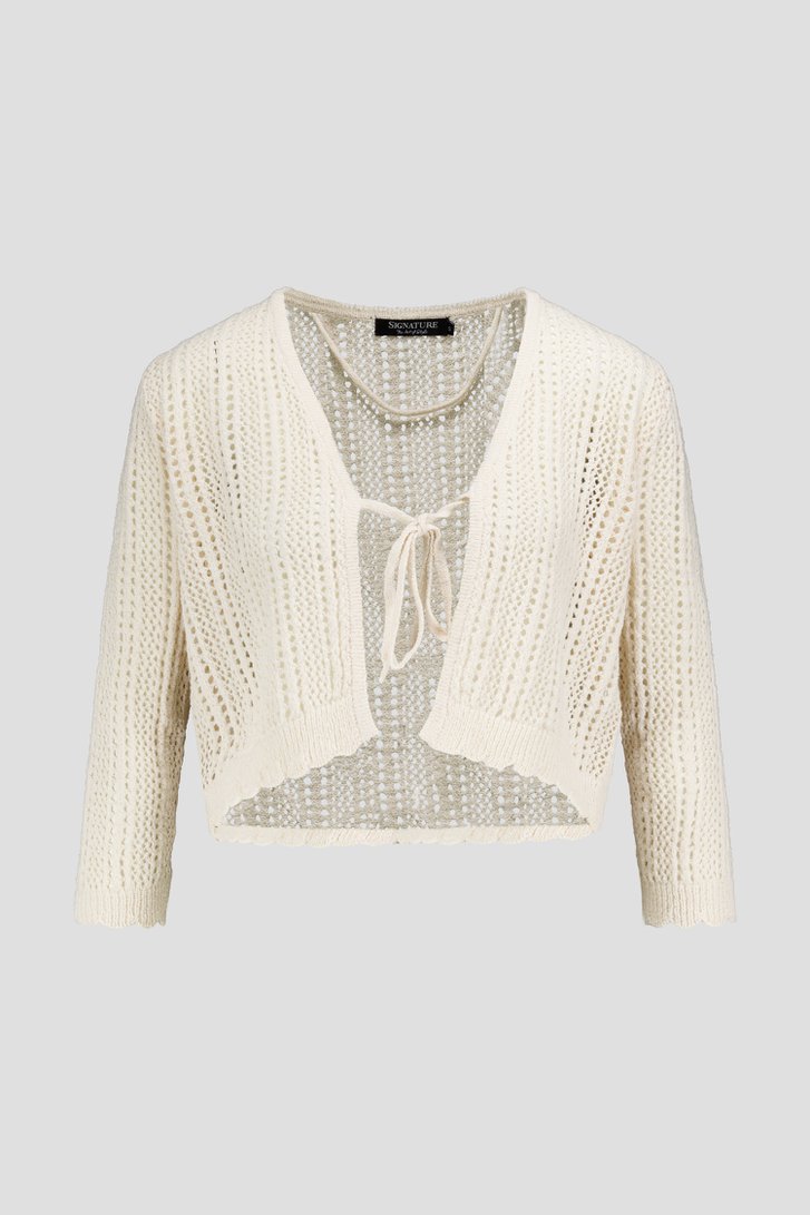 Productfoto 1 van Korte lichtbeige gebreide cardigan met striklint door Signature voor Dames