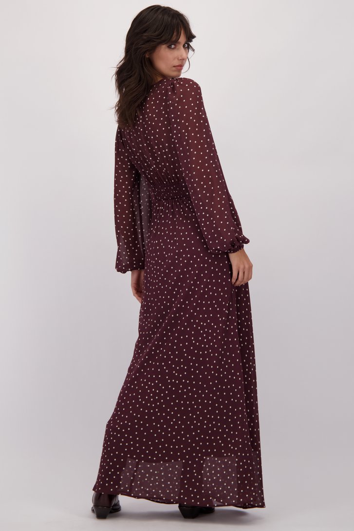 Achterkant van Lang bordeauxbruin kleedje met polkadots door Louise voor Dames