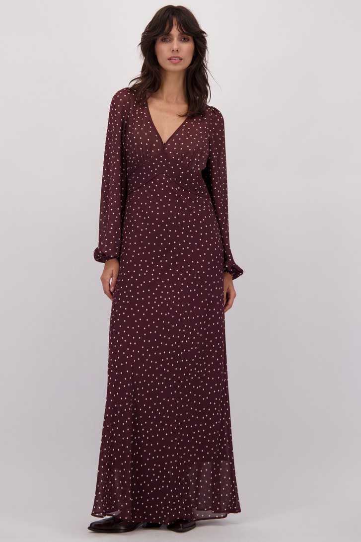 Voorkant van Lang bordeauxbruin kleedje met polkadots door Louise voor Dames