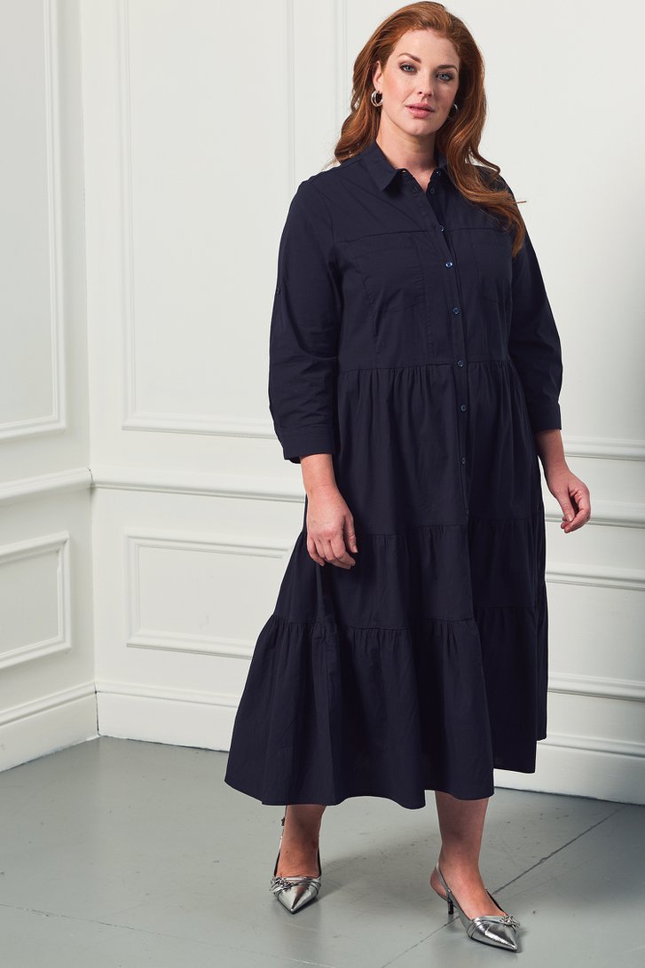 Lang donkerblauw kleedje met volants van More & More voor Dames
