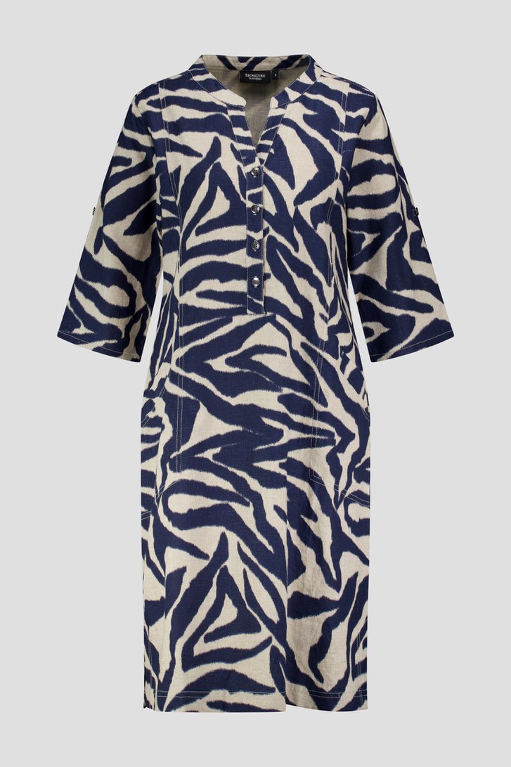 Lichtbeige linnen kleedje met donkerblauwe print van Signature voor Dames