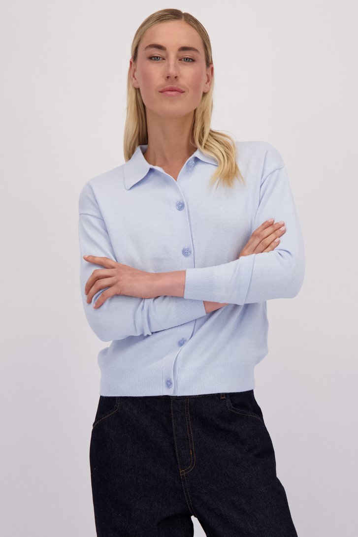 Voorkant van Lichtblauwe cardigan met kraag door Liberty Island voor Dames