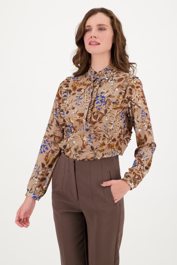 Lichtbruine blouse met bladerprint van D'Auvry voor Dames