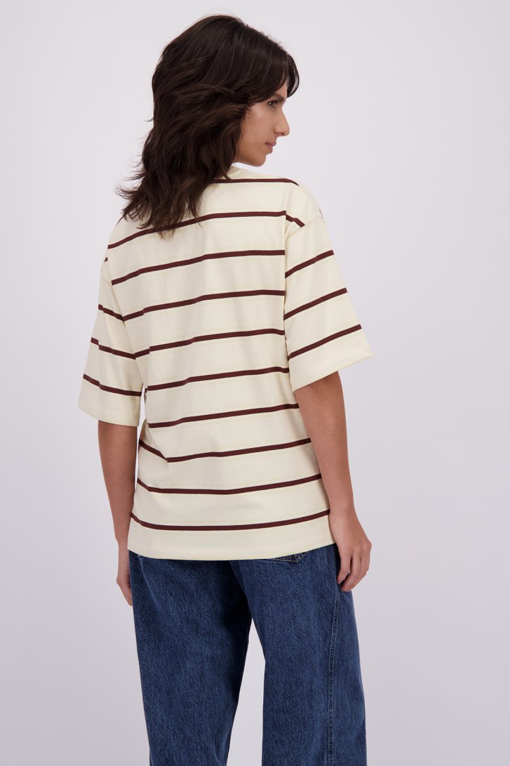 Achterkant van Lichtgeel T-shirt met bruine strepen door Louise voor Dames