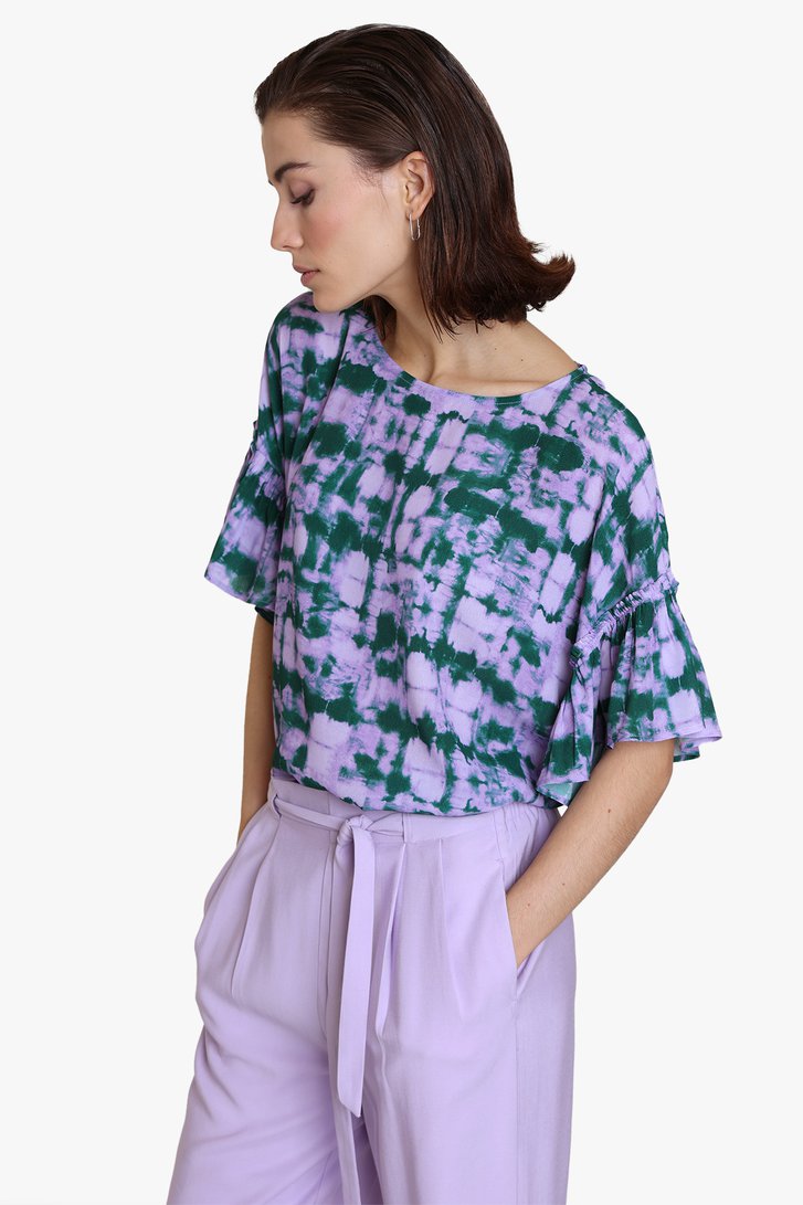 Lila blouse met groene tie-dye print