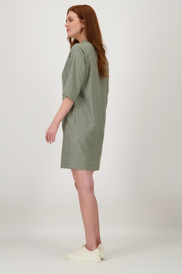 Achterkant van Linnen groen-grijs kleedje met V-hals door Libelle voor Dames