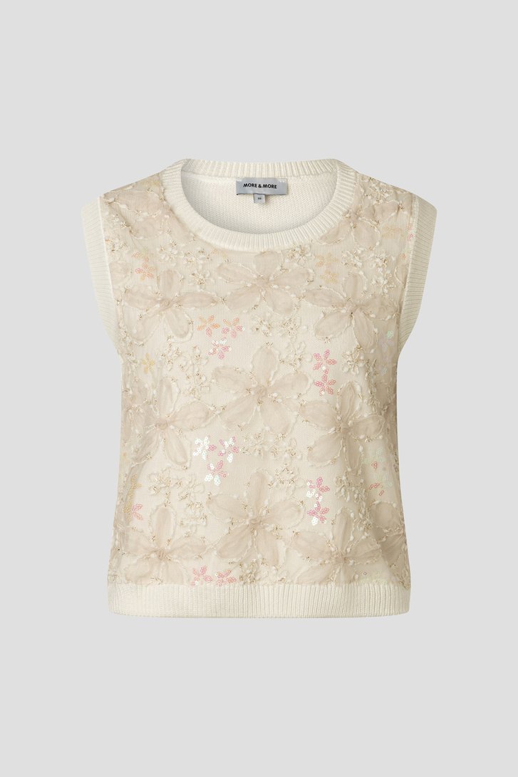 Productfoto 1 van Mouwloze ecru trui met glitter bloemenmotief door More & More voor Dames