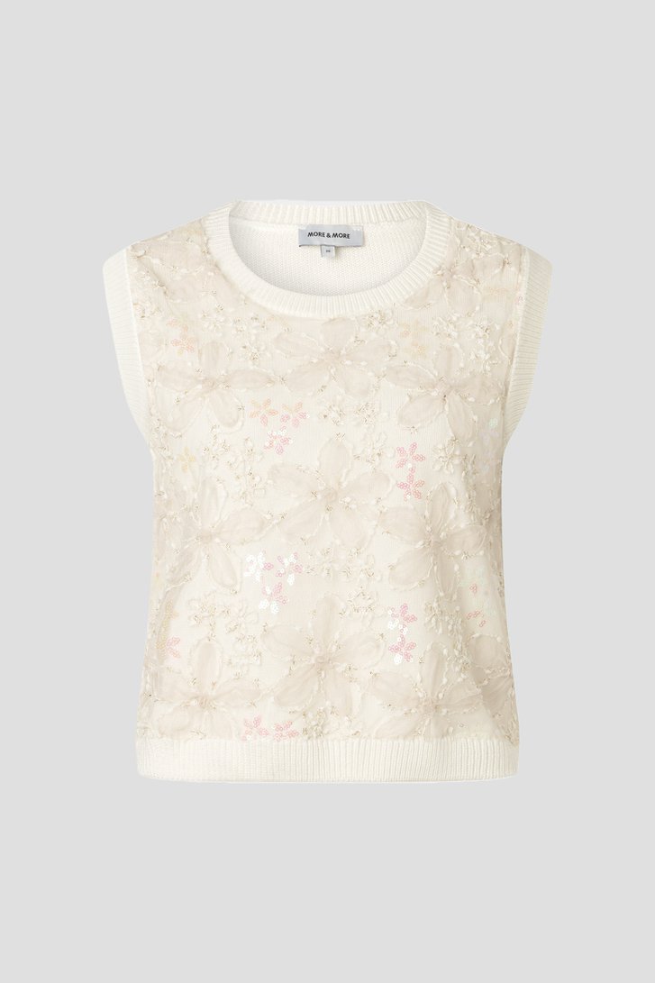 Productfoto 3 van Mouwloze ecru trui met glitter bloemenmotief door More & More voor Dames